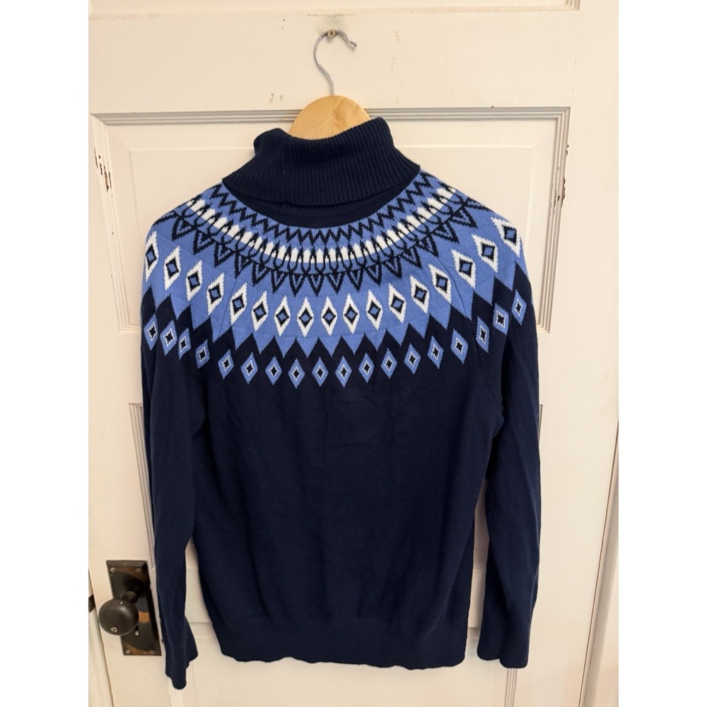 L.L. Bean Women's Navy Fair Isle Cotton Cashmere Turtleneck Sweater Medium $80 - Picture 6 of 6